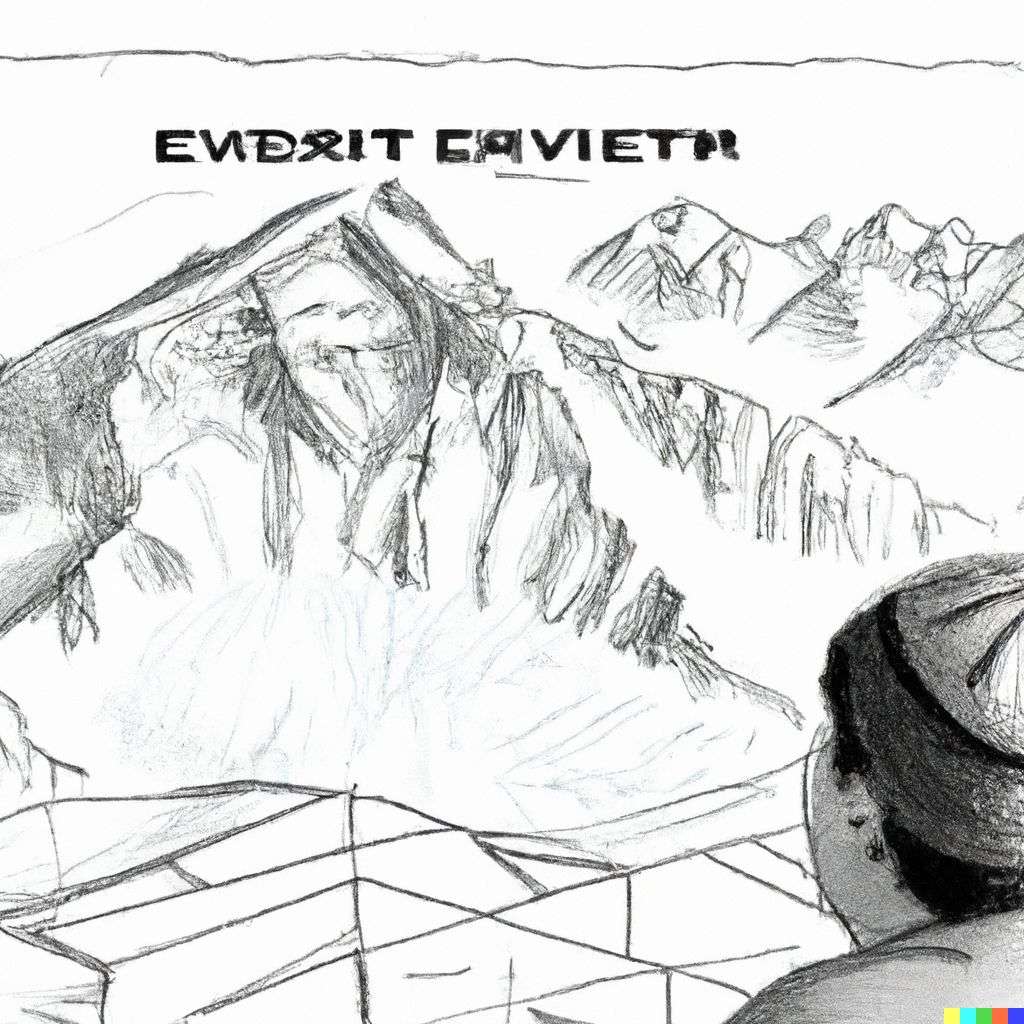 someone gazing at Mount Everest, drawing, schematic
